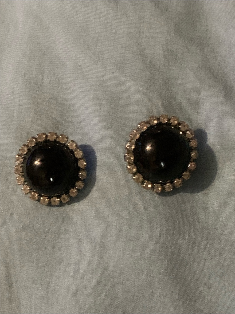 Black Cobochon Stud Earrings with a Rhinestone Halo - Women’s Jewelry